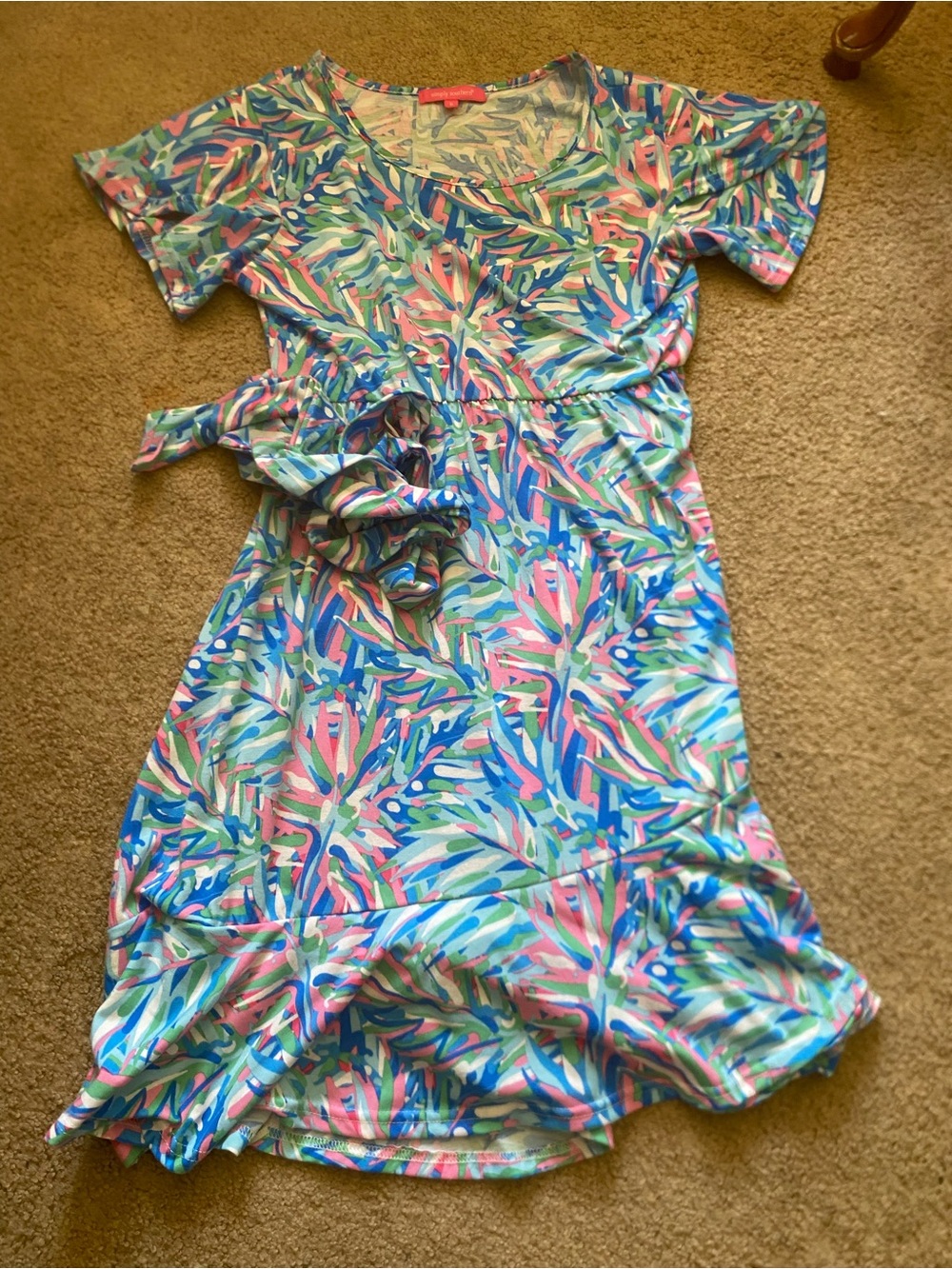 Simply Southern Women's Size L Tropical Palm Leaf Dress Short Sleeve Belted